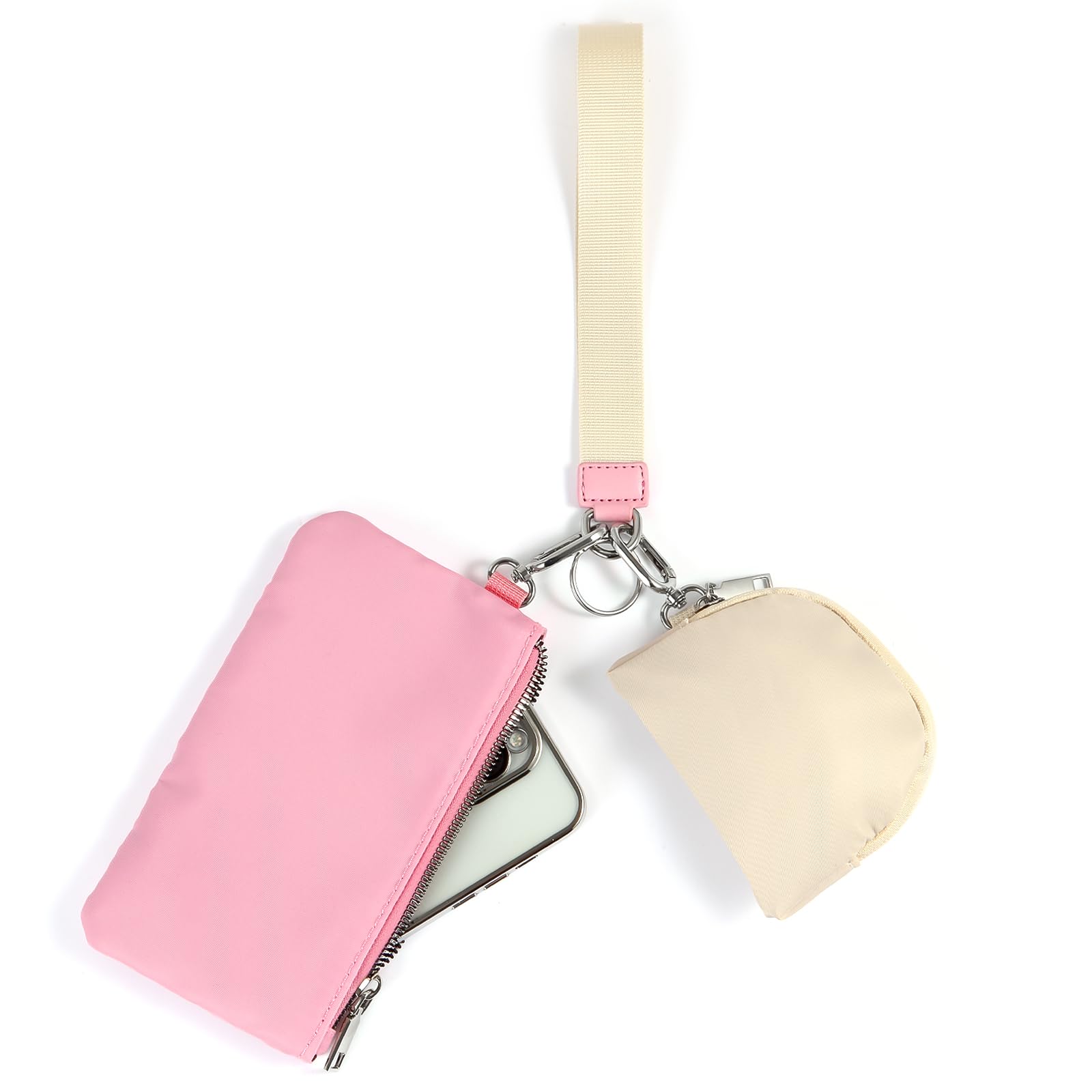 Mini Zip Around Wristlet Keychain Wallet for Women Detachable Dual Pouch Wristlet Portable Phone Coin Purse Coin Pocket (Pink+White)