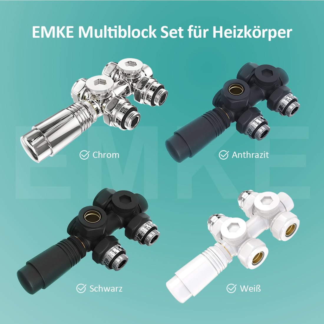 EMKE Multiblock Heizkörper Mittelanschluss, Hahnblock Heizkörper Ventil Eck- und Durchgangsform 50mm, Heizkörperventil mit thermostat für Badheizkörper Weiß (φ15mm+16mm * G1/2", 1 Stück)