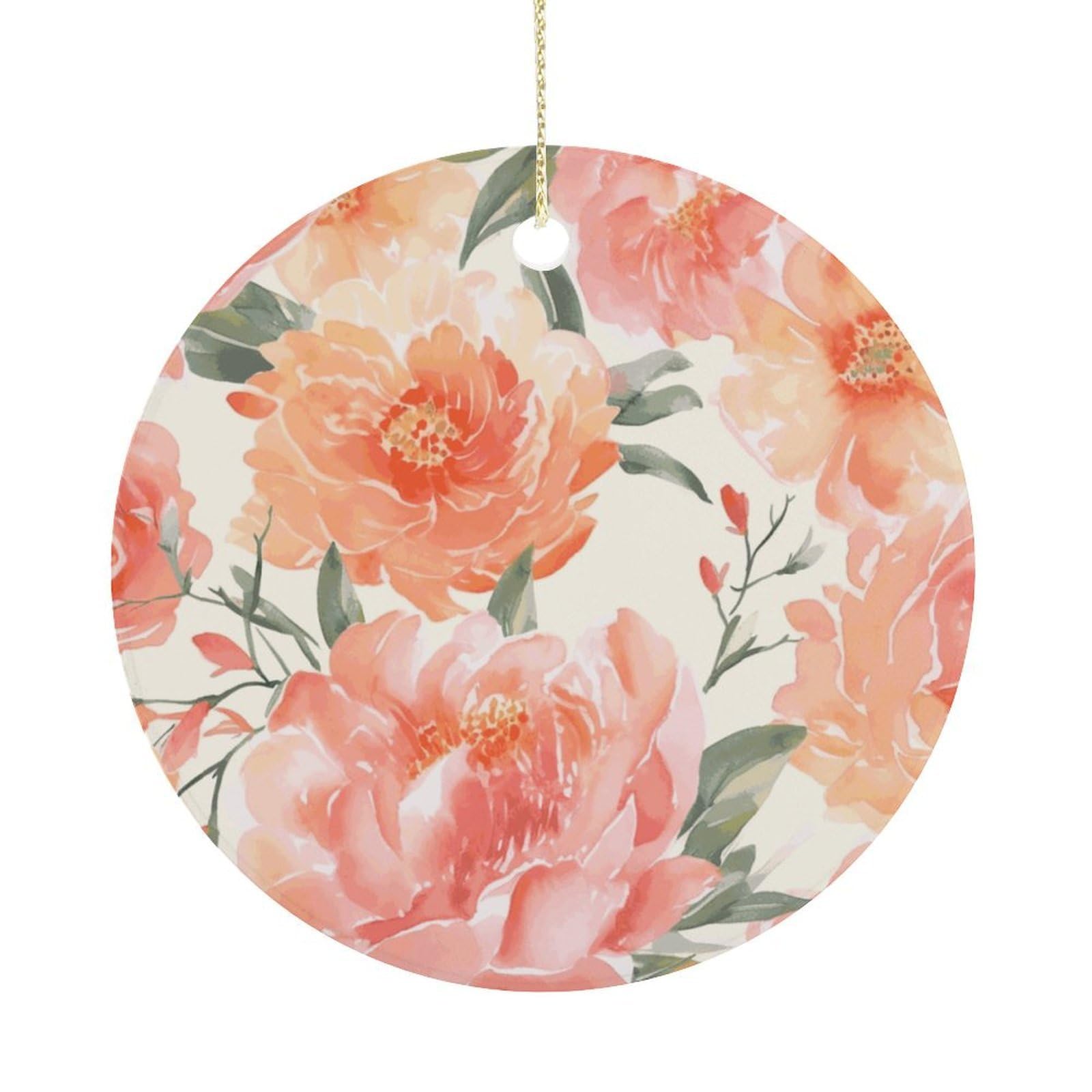 Peach Peony Christmas Ornament,Round Ceramic Ornaments Personalized Christmas Tree Ornament for Holiday Porcelain Keepsake Gifts Ideas Home Decor