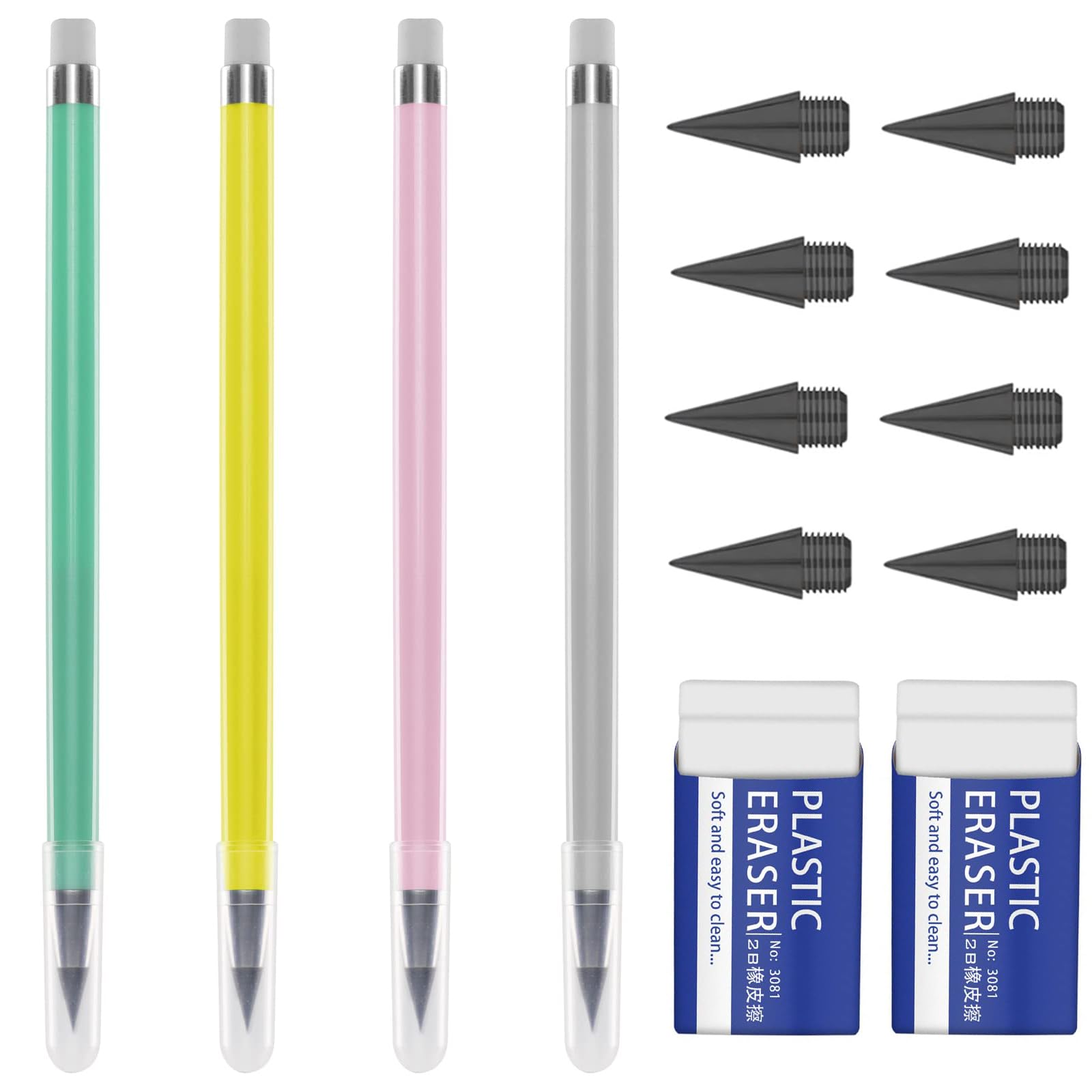 14 PCS Everlasting Pencils Set, Inkless Pencils, Portable No Ink Pen with Replaceable Graphite Nib and White Eraser, Reusable Eternal Pencils, Infinite Pencil for Writing Drawing.