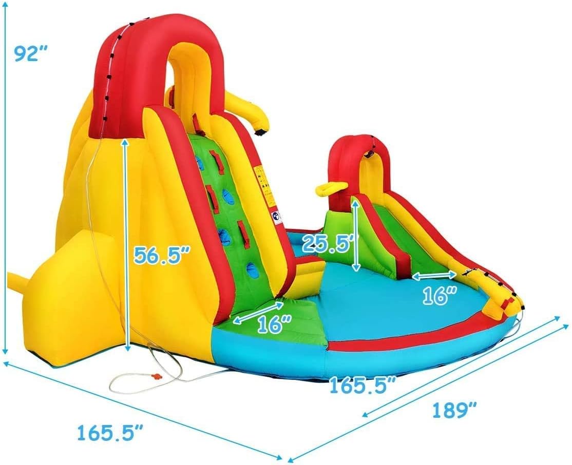 OLAKIDS Inflatable Water Slide, 7 in 1 Bounce House with 2 Slides 2 Water Guns Climbing Wall Splash Pool Basketball Rim, Outdoor Inflatable Obstacle Course Jumping Castle for Backyard with Blower