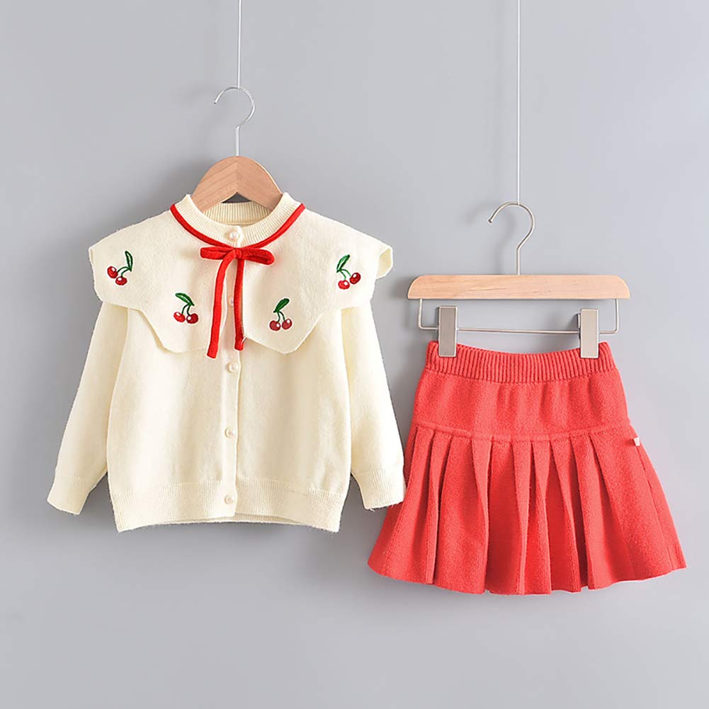 IBTOM CASTLE Baby Girl Christmas Outfit: Picture Day Outfits for Cchool, Toddler Autumn Winter Fall Clothes Knit Long Sleeve Ruffle Sweater Pleated Skirt Princess Casual Playwear Red-Cherry 2-3T