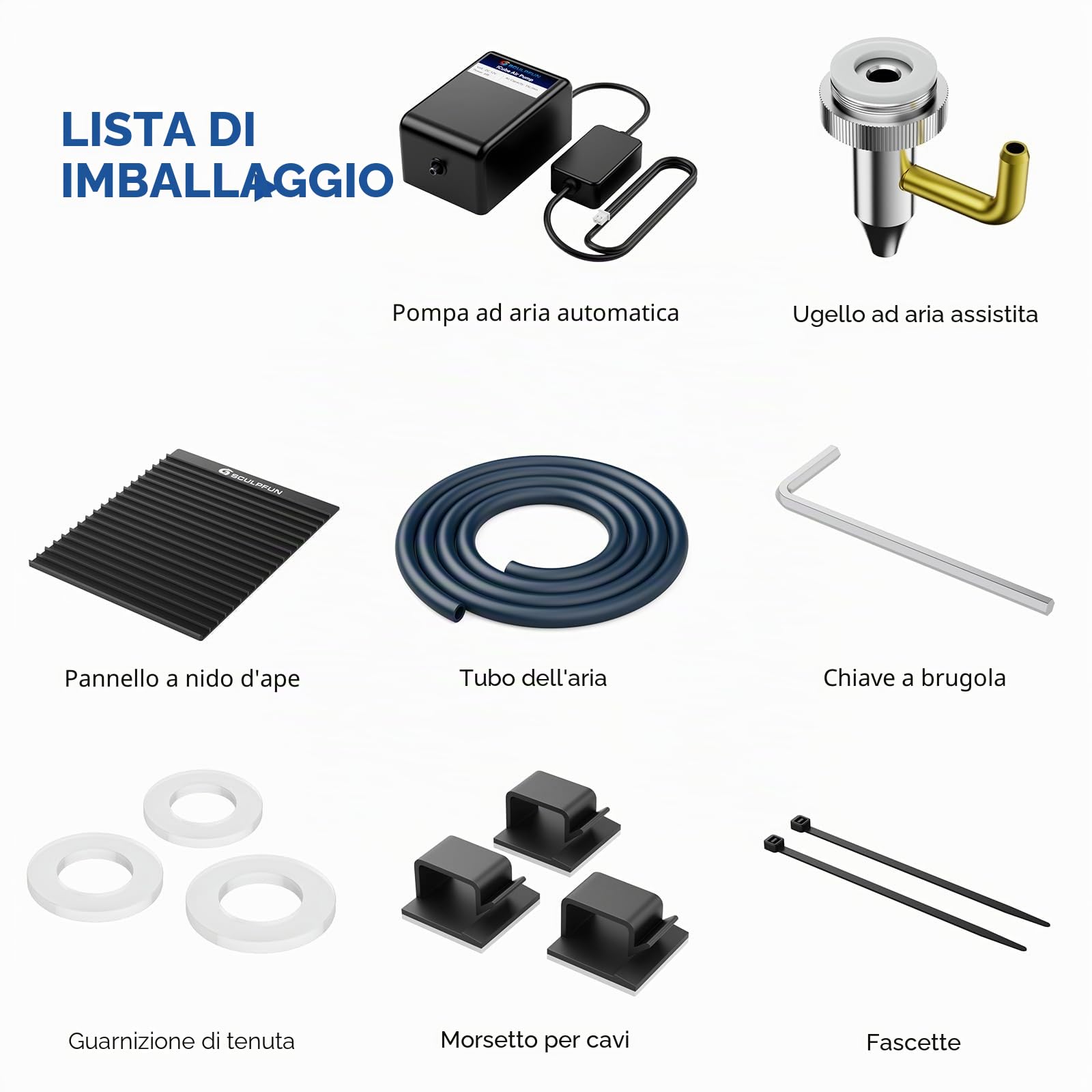 SCULPFUN iCube Air Assist e Nido d'Ape Tavolo da Lavoro, Pompa ad Aria per Macchina per Incisione Laser 3W/Pro 5W/Pro Max 10W - Accessori