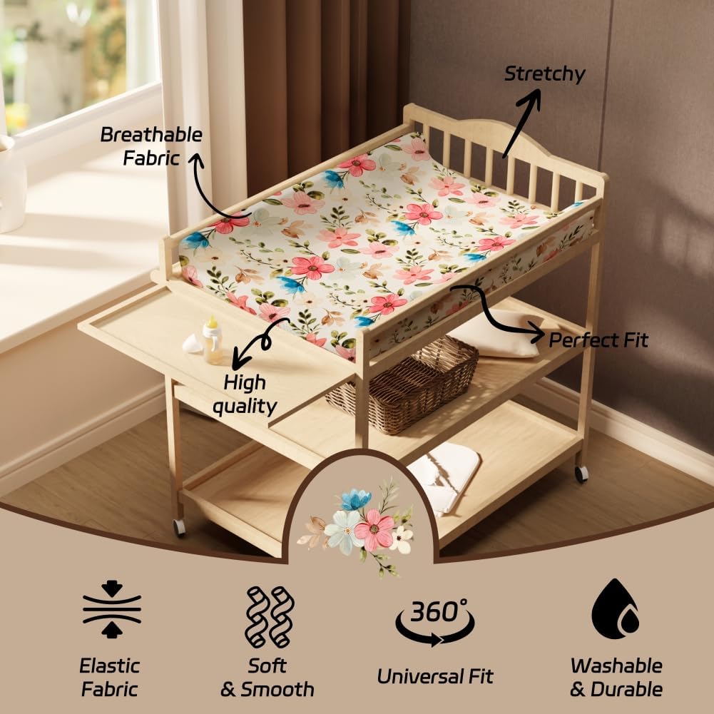 4 Pack Baby Girl Changing Pad Covers Sheets Set Soft Fitted Floral or Elephant Theme Baby Girl Mattress Covers Breathable Toddler Bed Sheets for Infant or Newborn Girls (Flower, Changing Pad Covers) - Image 6