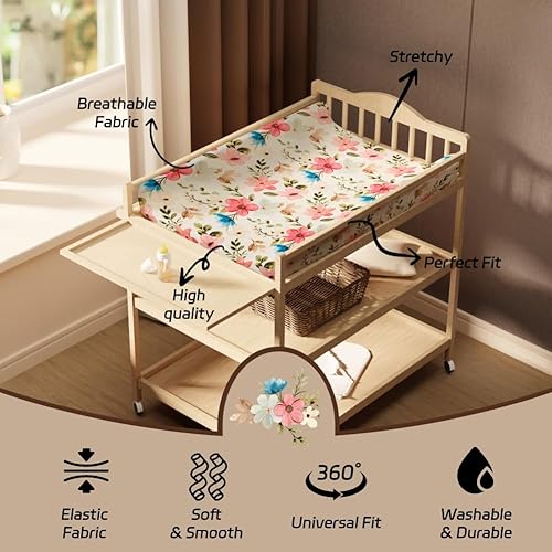 Miniatura 6 de Juego de 4 fundas para cambiador de bebé niña, suaves y ajustables con temática floral o elefante, fundas de colchón transpirables para bebés o