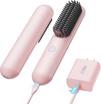TYMO Cordless Hair Straightener Brush - Porta PRO Portable Straightening Brush for Travel, Mini Ionic Hot Comb Straightener for Women, Lightweight on-The-go, Cordless & Fast Charger Dual Power, Pink