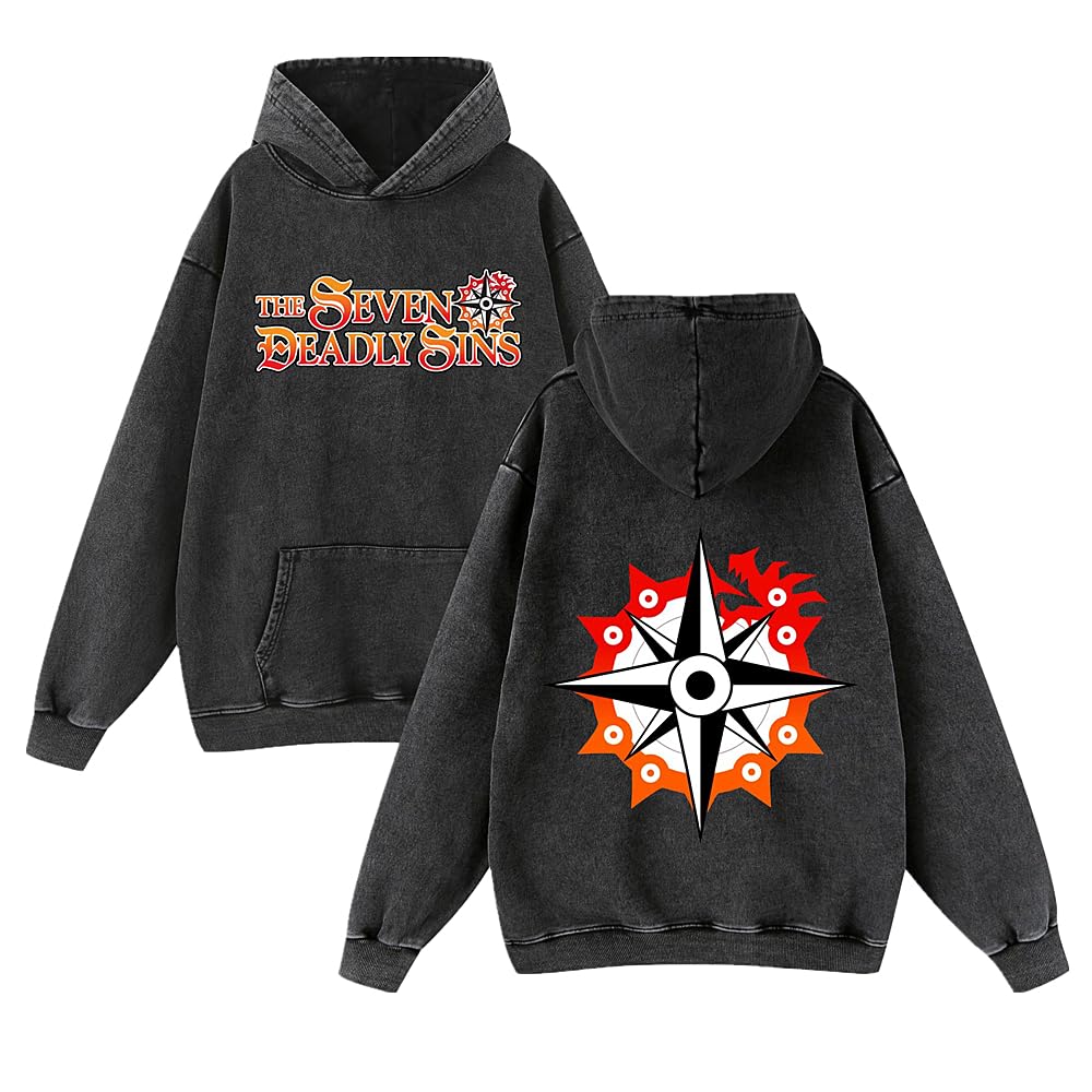 Charous Unisex Black 2 Anime The Seven Deadly Sins Cartoon Print Hoodie, Washed Retro-Style Sweatshirts For Manga Fans Cosplay