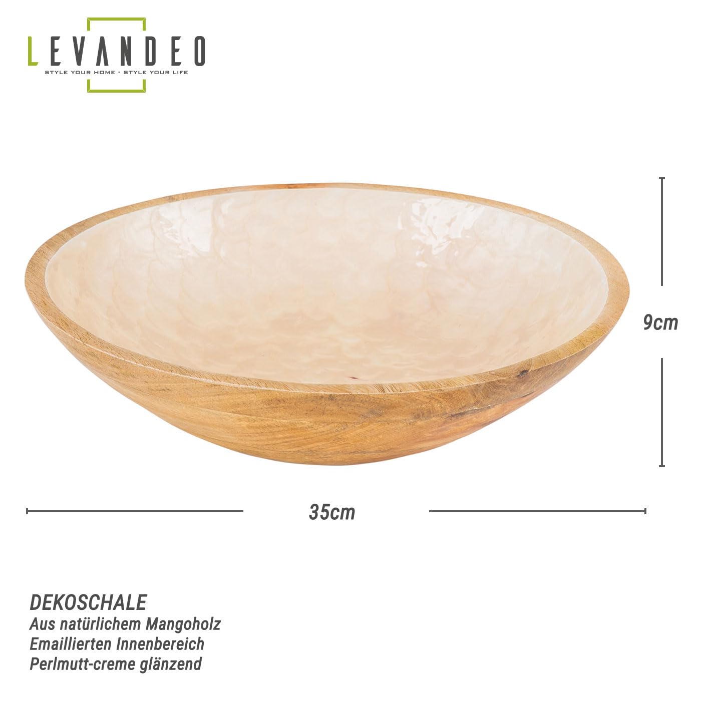 levandeo Schüssel 35cm Mango Holz Creme Perlmutt Emaille Schale Bowl Salatschüssel Deko Servierplatte Tischdeko Dekoration