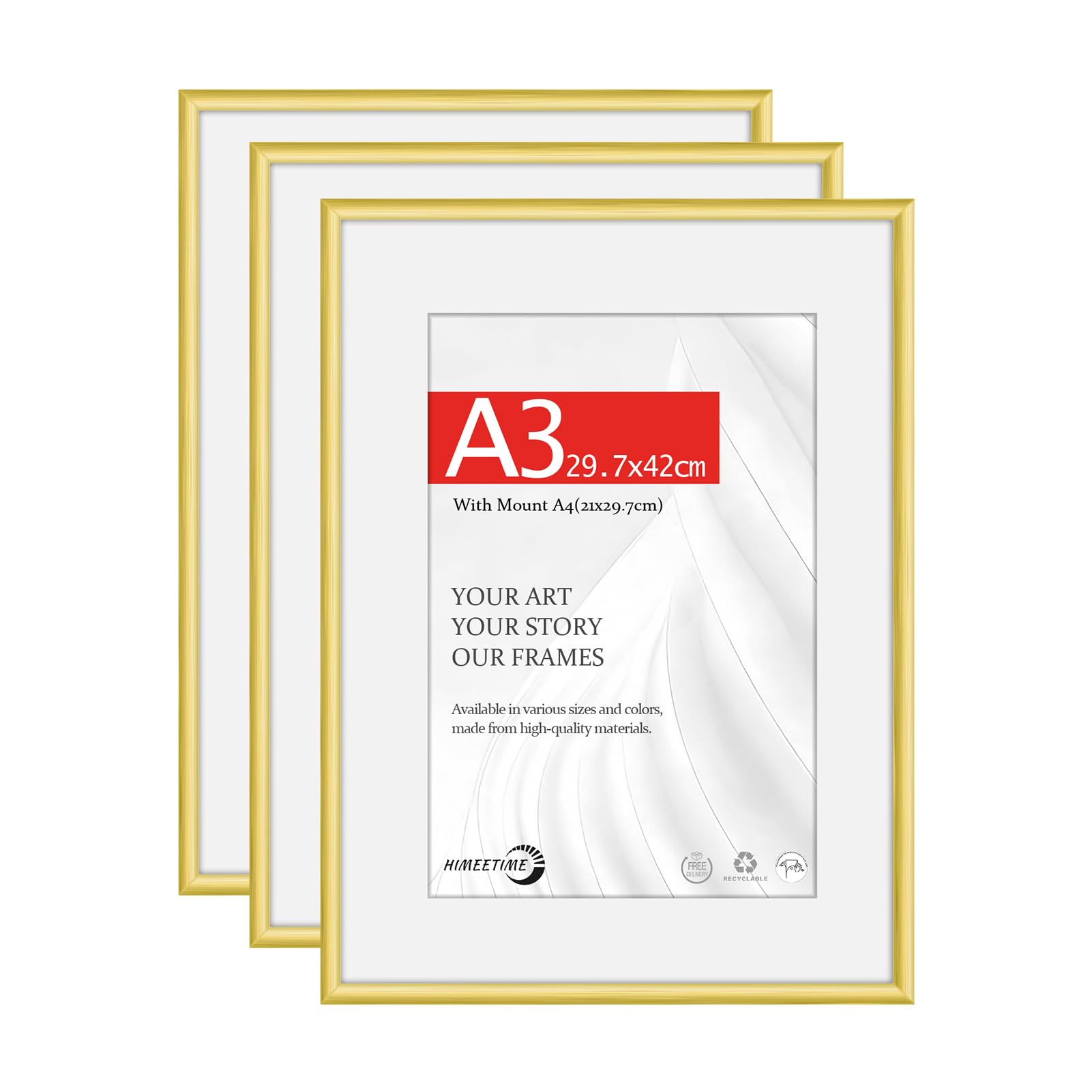 HIMEETIME® 3x A3 29.7x42cm Picture Frames | Gold Matte Aluminum Metal | 30x42cm Certificate Frame with Shatterproof Acrylic Glass | Portrait & Landscape Wall Mount | Slim Professional Profile
