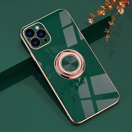 Funda para iPhone 15 Plus con soporte de anillo con chapado de diamante brillante, borde de oro rosa integrado, soporte magnético de rotación 360