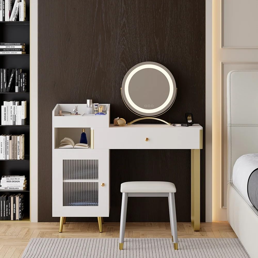 modern white dressing table with light, side cabinet, and stool