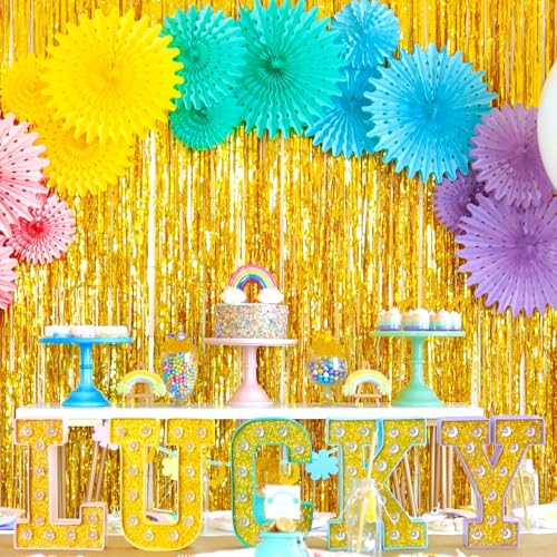Image of 4 Pack Gold Foil Fringe Curtain Backdrop, 3.28Ft x 8.2Ft Metallic Tinsel Foil Fringe Streamer Curtains for Photo Booth Props, Birthday, Wedding, New Year's, Christmas Decoration Party Supplies New