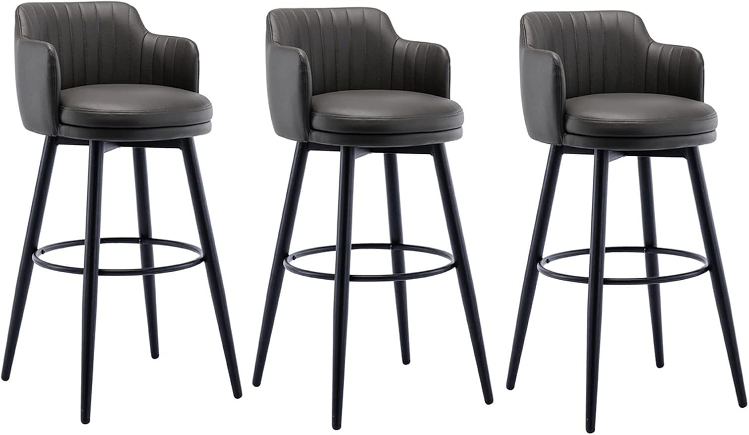 26 Inches High Barstools Swivel Bar Stools Set of 3 with Low Back Kitchen Island Bar Chair, Counter Height with Arms, Nappa Leather Pedal Chrome Upholstered Seat, for Bars, Breakfast, Lounge, Pubs