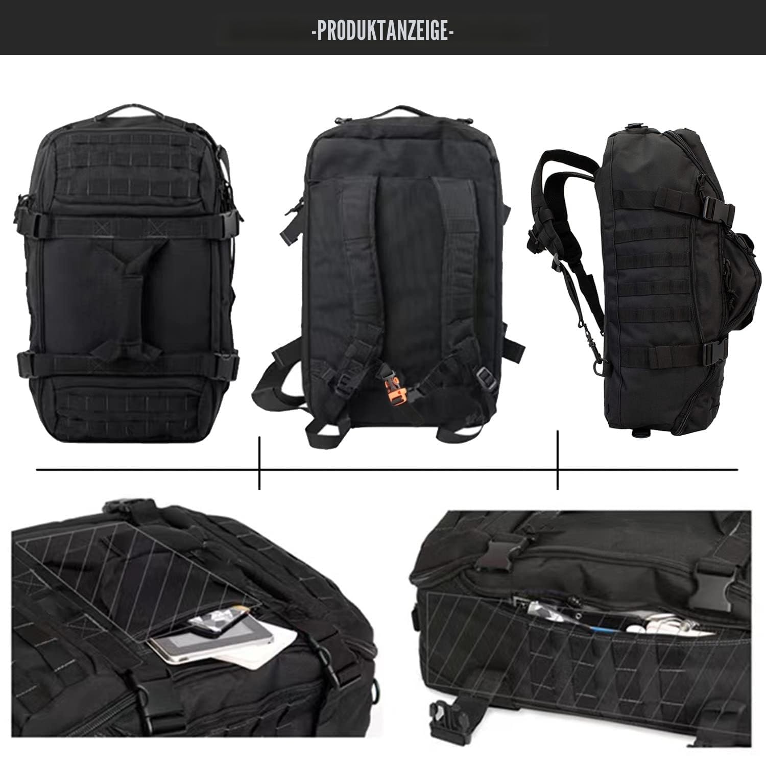 Miramrax Gym-Tasche Duffle-Taschen Rucksack - Reise-Wochenendtasche für Männer Frauen Trainingstasche für Militär, Sport, Übernachtung, Basketball, taktisch, Fußball, wasserdicht & reißfest, Schwarz