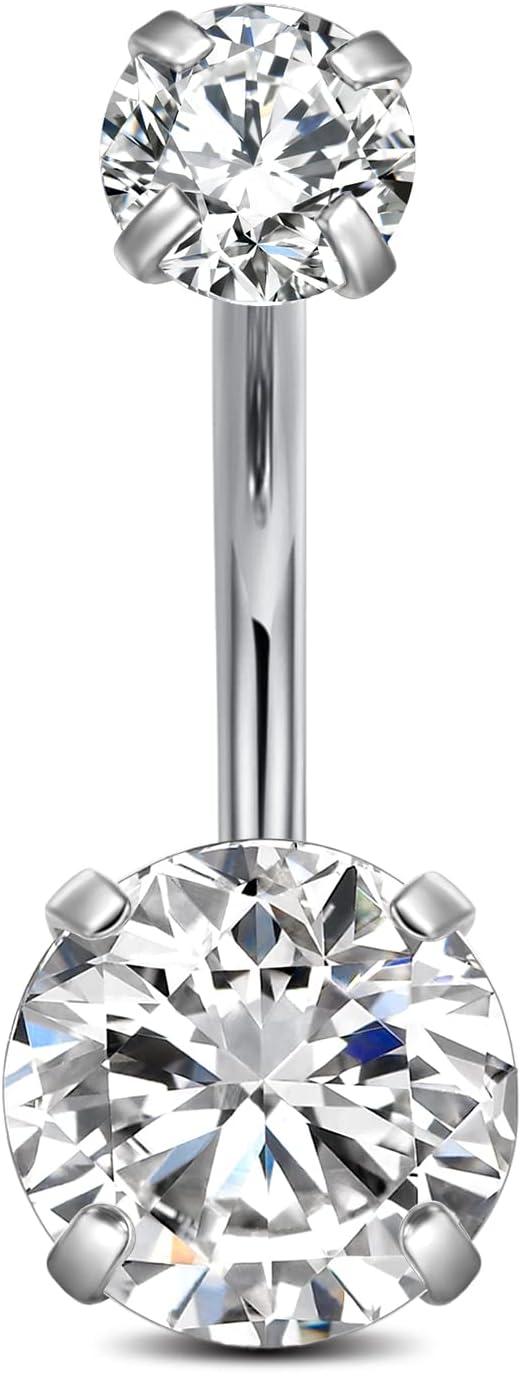 Incaton 14G Belly Button Ring Surgical Stainless Steel Round Cubic Zirconia Navel Barbell Belly Rings For Women 6/8/10/12mm