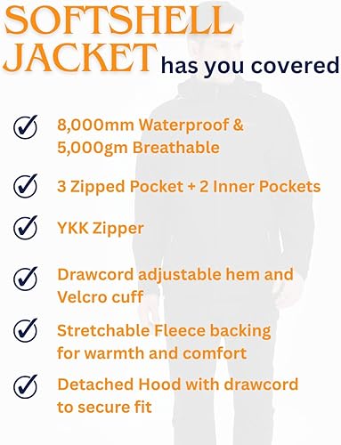 Vista 2 de Acmelogy Chaqueta Softshell con forro polar para hombre con capucha desmontable, impermeable, transpirable, 314.961 in5000gm, cremallera YKK