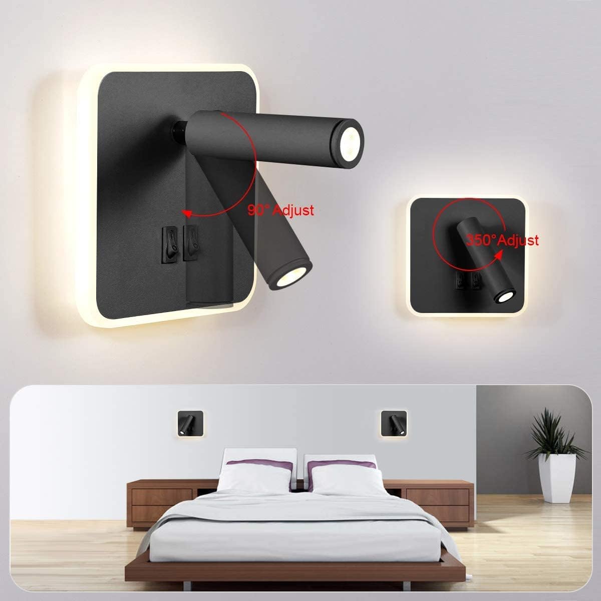 Kawell 2 in 1 8W Modern LED Wall Sconces with Switch 3W Adjustable Reading Wall Spotlight Indoor Hardwired for Bedroom Living Room Study Room Library, Black 3000K