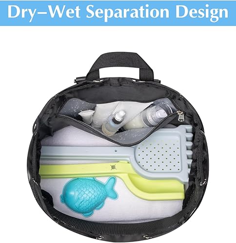 Miniatura 4 de Mochila de playa a prueba de arena con compartimento para zapatos y bolsillo húmedo, bolsa de natación de malla impermeable para piscina, Negro
