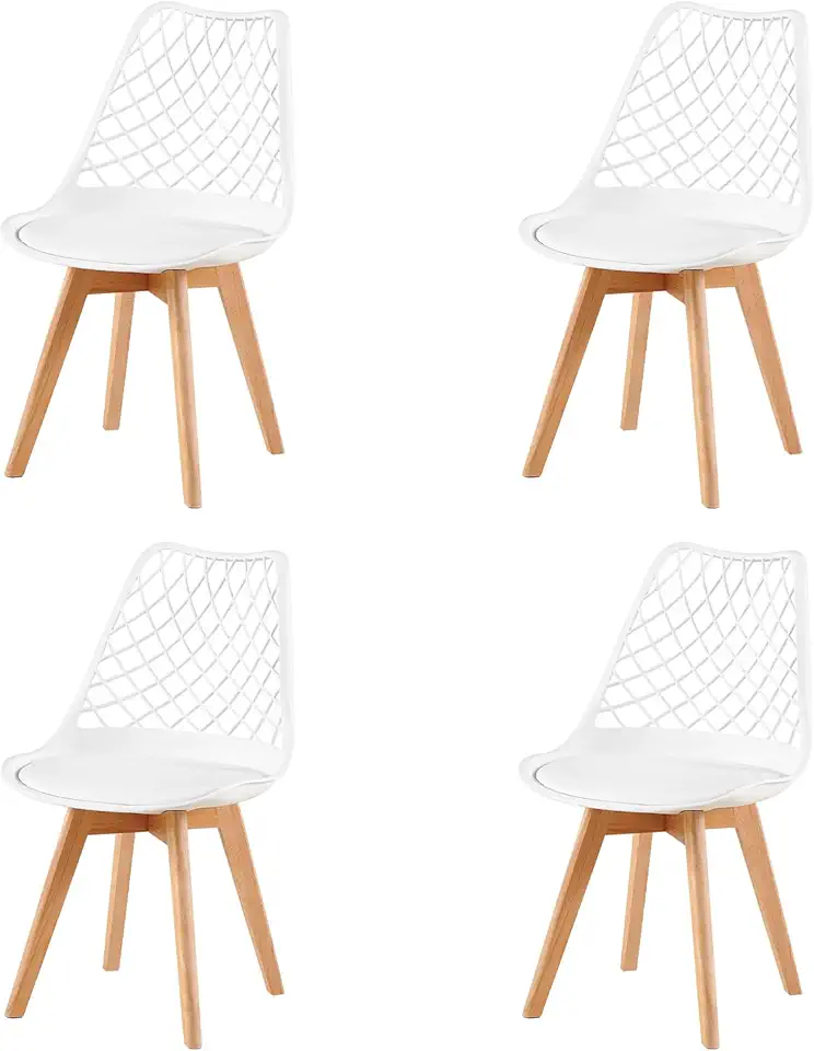 EGGREE Lot de 4 Chaises de Salle à Manger en Creux Scandinaves Testées SGS, 2 Chaises Creusée de Cuisine Rétro à Coussin, Motifs ajourés sculptés Chaises évidée de Bureau Pieds en HêTre Massif – Blanc