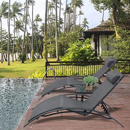 Varvind Patio Chaise Lounge Chair Set Of 3,Aluminum Outdoor Lounge Chair With Headrest,Sunbathing Lounger,Pool Tanning Chairs,Armrest Recliner Chiar With Side Table For Beach,Garden，Lawn(Grey) #TOP7