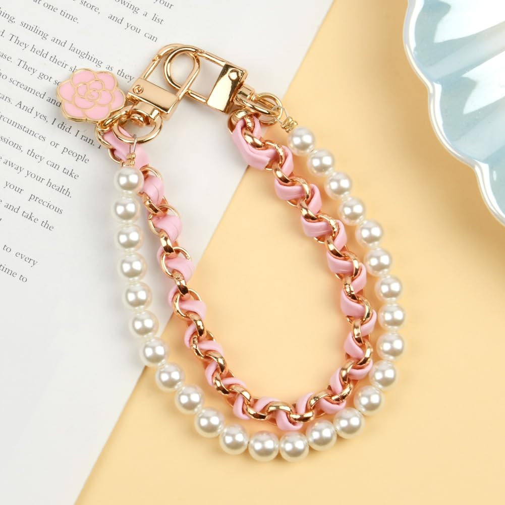OFFCUP Dragonne de Téléphone, Perle Chaîne Téléphone Portable Charme, Anti-Perte Longe en Cuir Métallique avec Fleur, Bracelet Telephone 2 Patchs Arrière