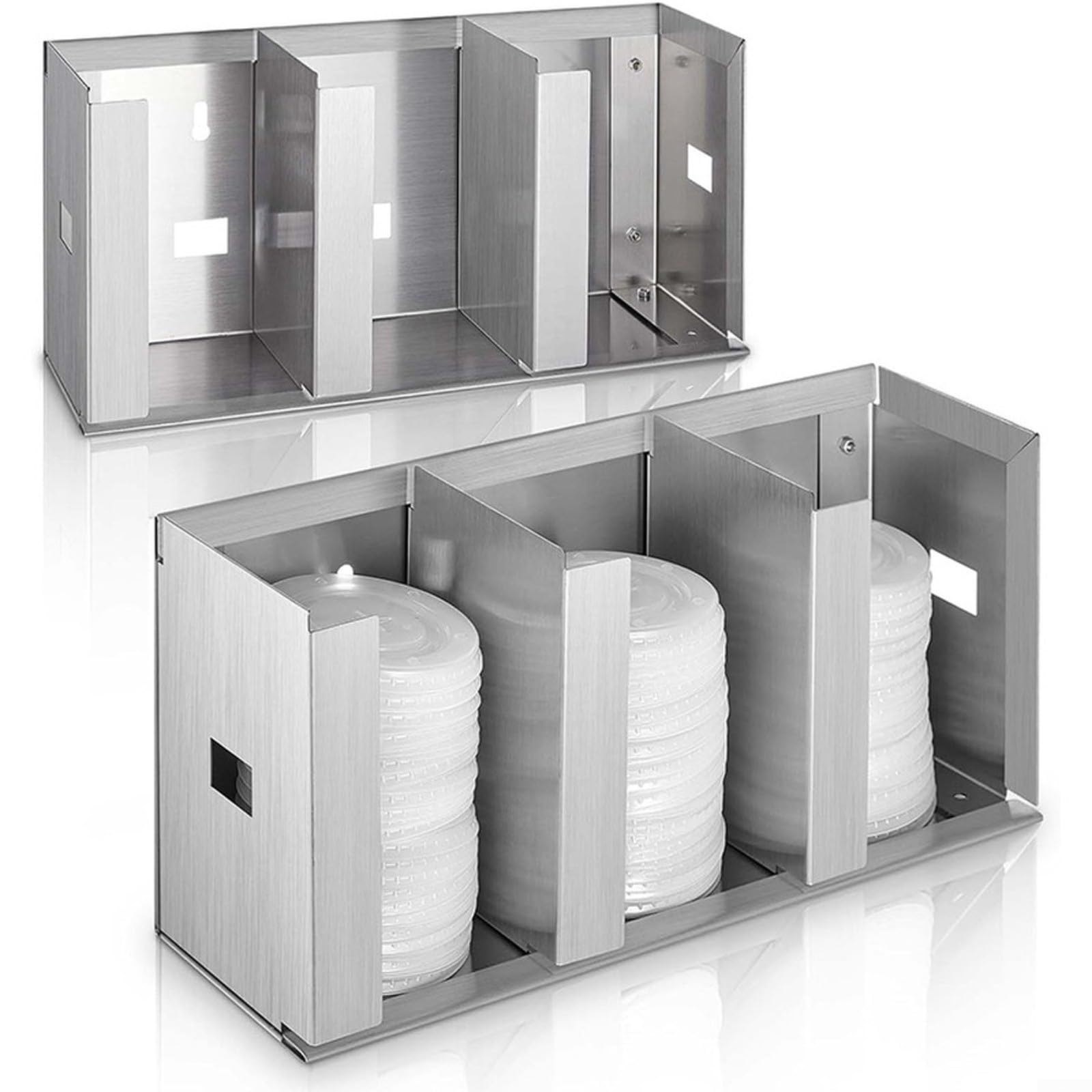 Estante organizador de tapa de taza de acero inoxidable, soporte de almacenamiento ajustable para gabinete de cocina con divisores, uso en pared o encimera para cafeterías y restaurantes