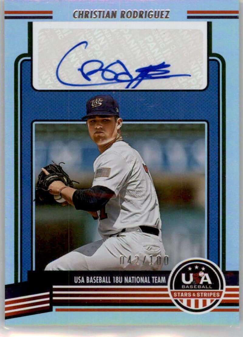 2023 Panini USA Stars and Stripes 18U National Team Signatures Holo #18 Christian Rodriguez Auto Autograph SER/100 USA Baseball 18U National Team Official USA Baseball Trading Card in Raw (NM or Better) Condition