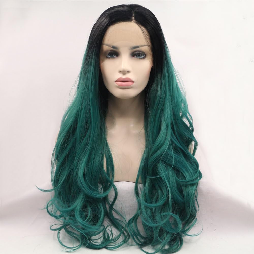Xiweiya Wig 1B# Dark Green Body Wave Lace Front Wig Synthetic Ombre Green Heat Resistant Fiber for Women Drag Queen 24"
