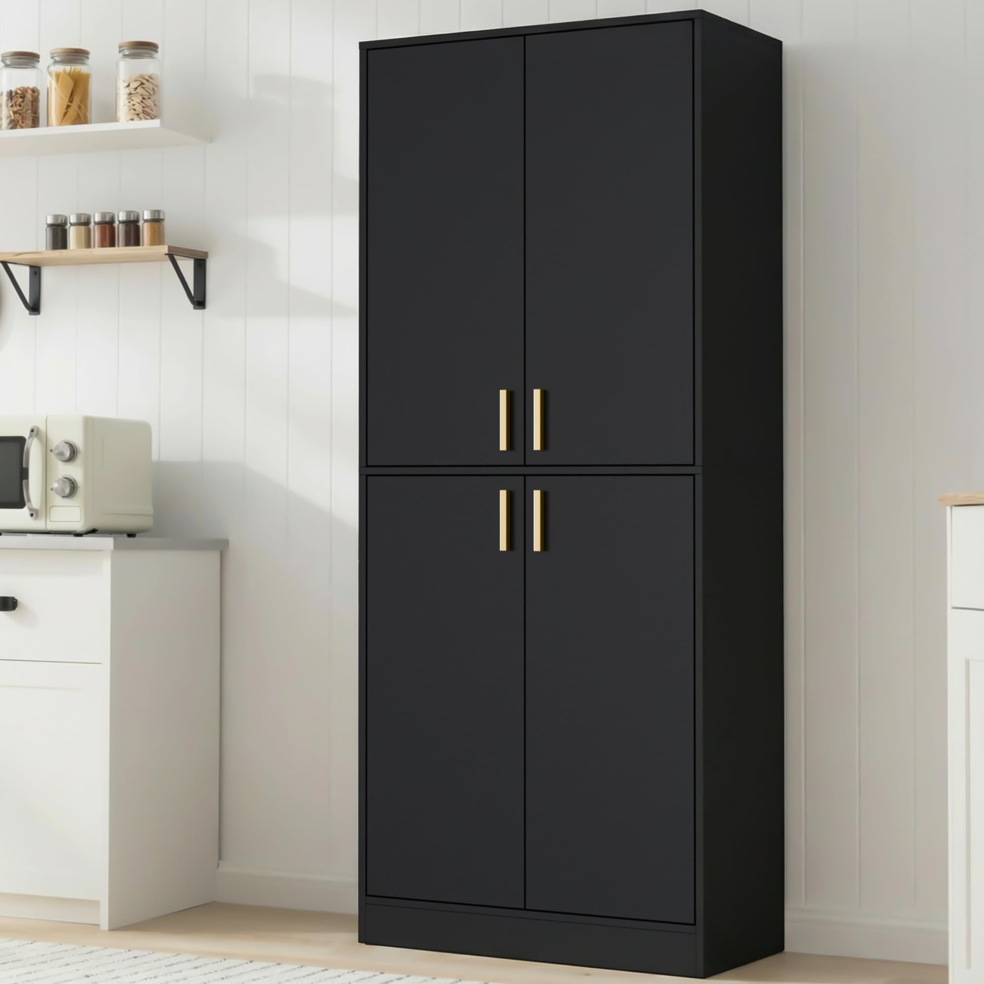Cozy Castle Kitchen Pantry Cabinet, 71" Tall Wood Storage Cabinet with Doors and Shelves 4 Doors Freestanding Cupboard for Dining Room Living Room Bathroom Furniture, Black | Wood Storage Cabinet, 4 Doors, Utility Hutch, for Dining Room
