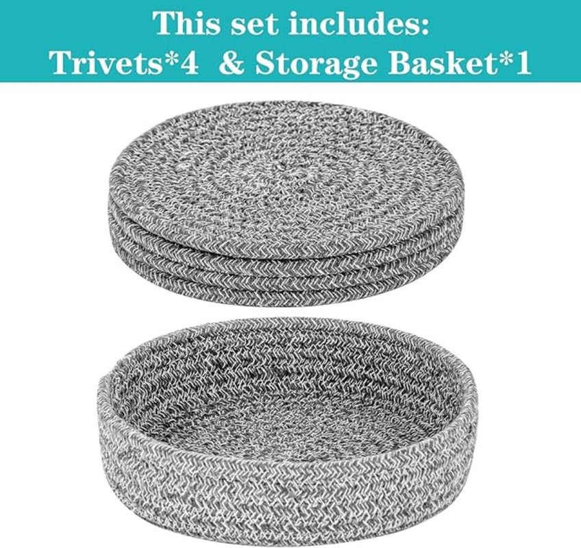 Image of Mansa for Hot Dishes, Pots and Pans, Hot Pads with Storage Basket, Pot Holders for Kitchen, Heat Resistant Mat Protect Counter Home Essentials, Farmhouse Decor (Pack of 4 with Cover) Mix Black