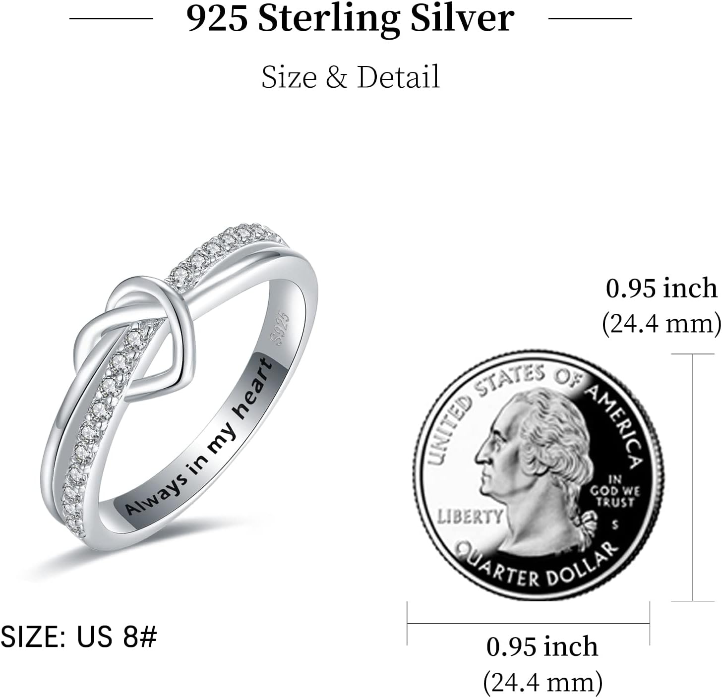 Mother Daughter Heart Knot Ring for Women 925 Sterling Silver Love Knot Ring Engraved "Always in My Heart" Mothers'Day Birthday Christmas Jewelry Mother Rings and Daughter Gift - Image 6