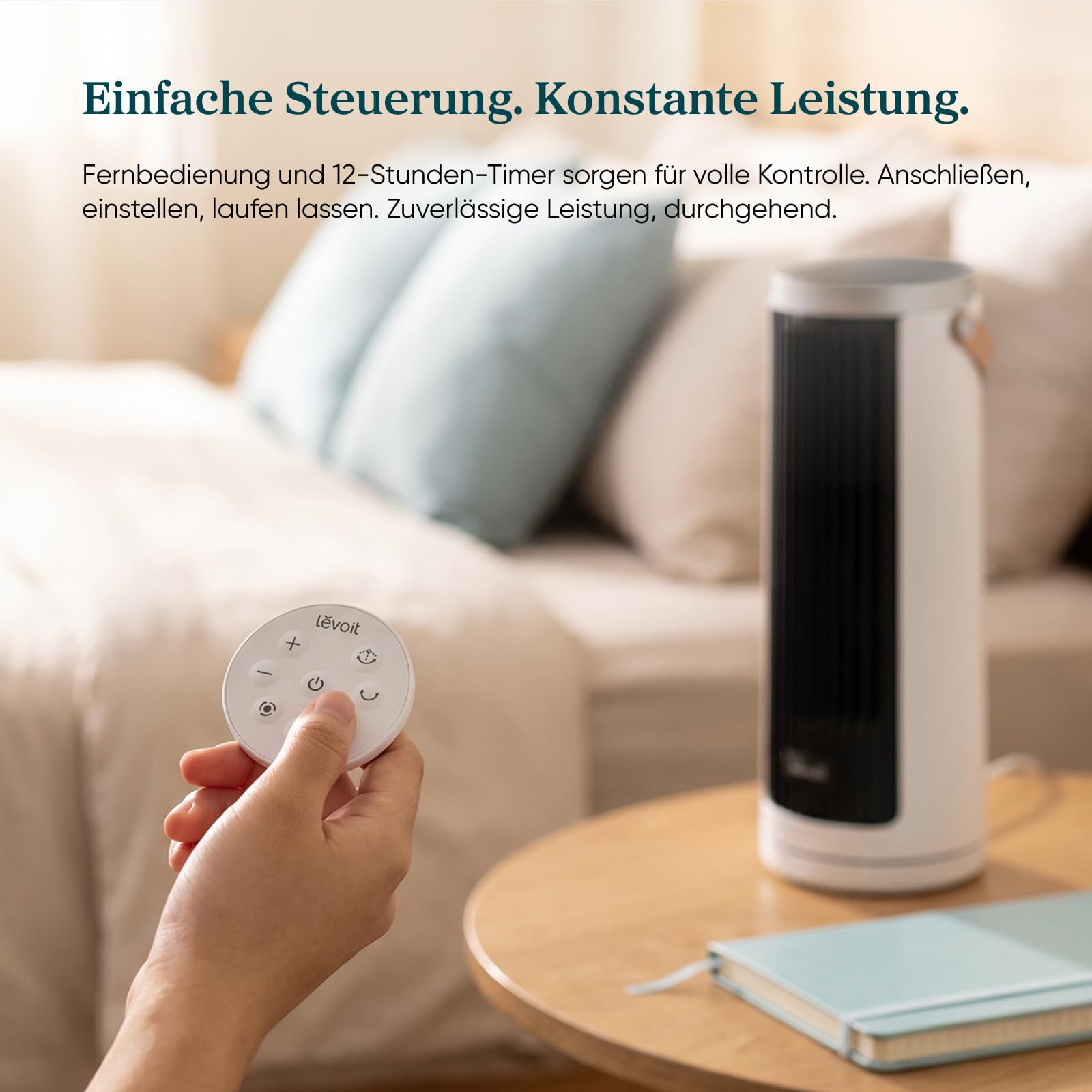 Levoit Kompakt Turmventilator DC Motor leise 20dB 7m/s Kühlung Tischventilator 5 Stufen 90° Oszillation 12 Std Timer Fernbedienung Mondweiß 33 cm