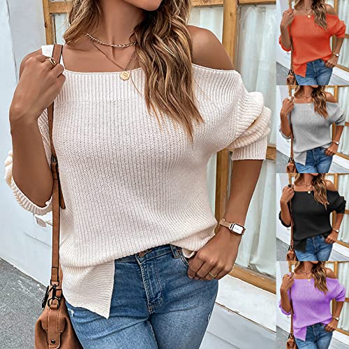 Women's Strappy Cold Shoulder Sweaters Square-Neck Long Sleeve Pullovers Top Sexy Cable Knitted Solid Pullover Sweater Black #TOP6