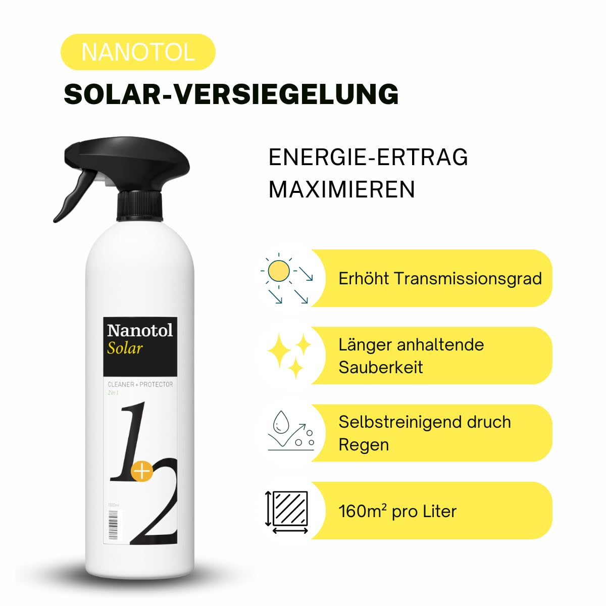 Detergente e sigillante Nanotol per impianti fotovoltaici e solari con effetto antisporco di lunga durata