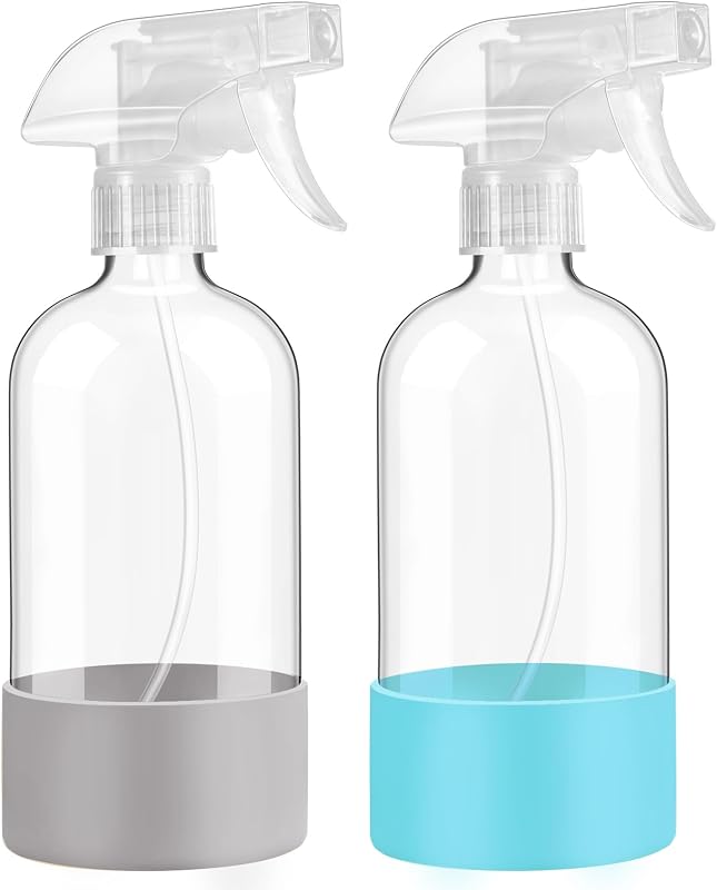 FANSTINOW Frascos de vidro com spray e capa de silicone Azul e Cinza, Pacote com 2