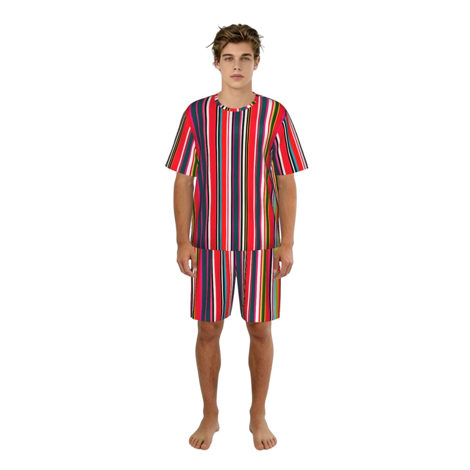 Conjunto de pijama clásico con estampado de rayas coloridas para hombre, pantalones cortos de pijama suaves para hombre, perfecto para las noches de verano