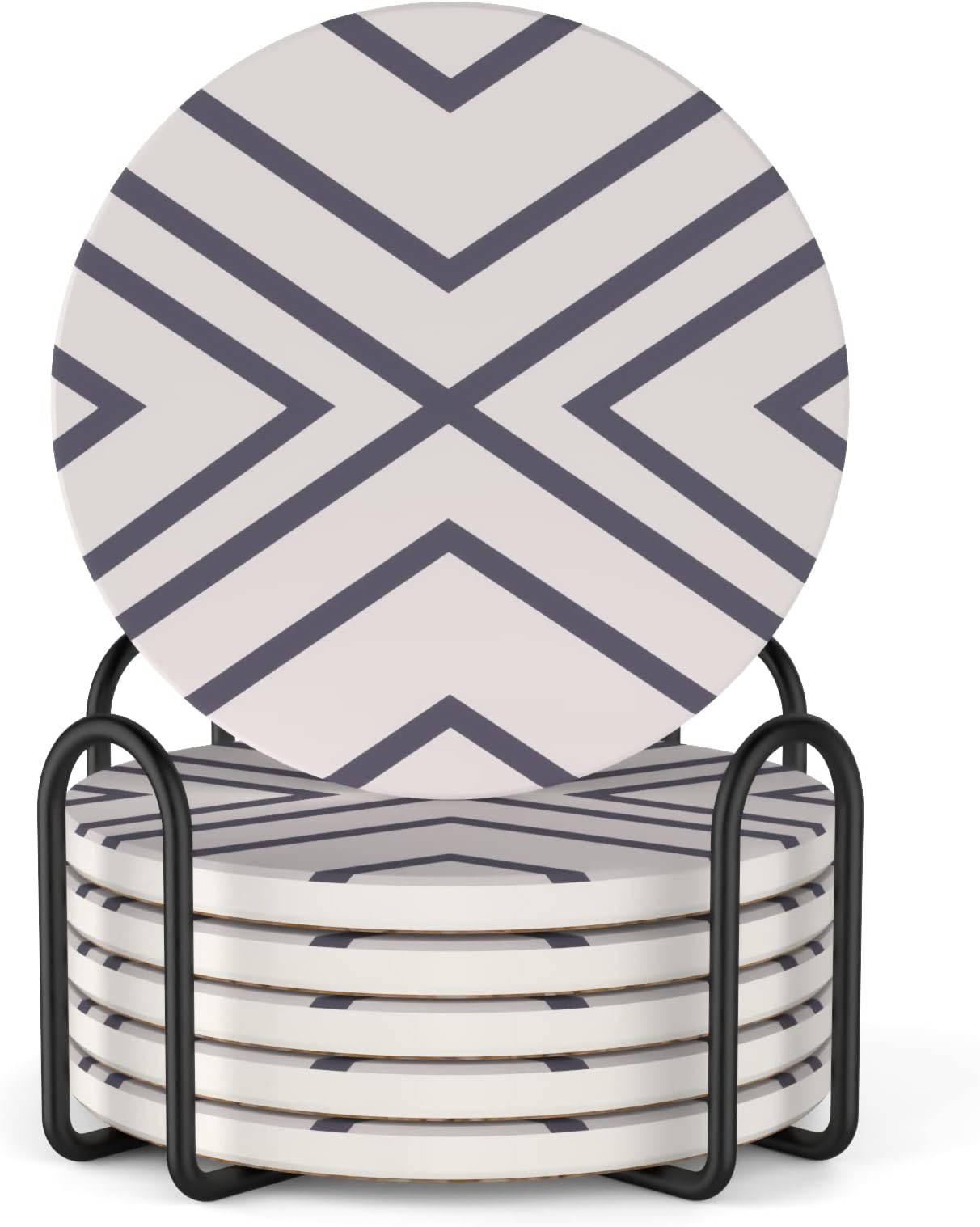 LIFVER 6 Piece Absorbent Stone Coaster Set with Holder, Ceramic Drink Coasters, 4 Inch Farmhouse Coasters with Cork Base, Ideal Gift for Housewarming