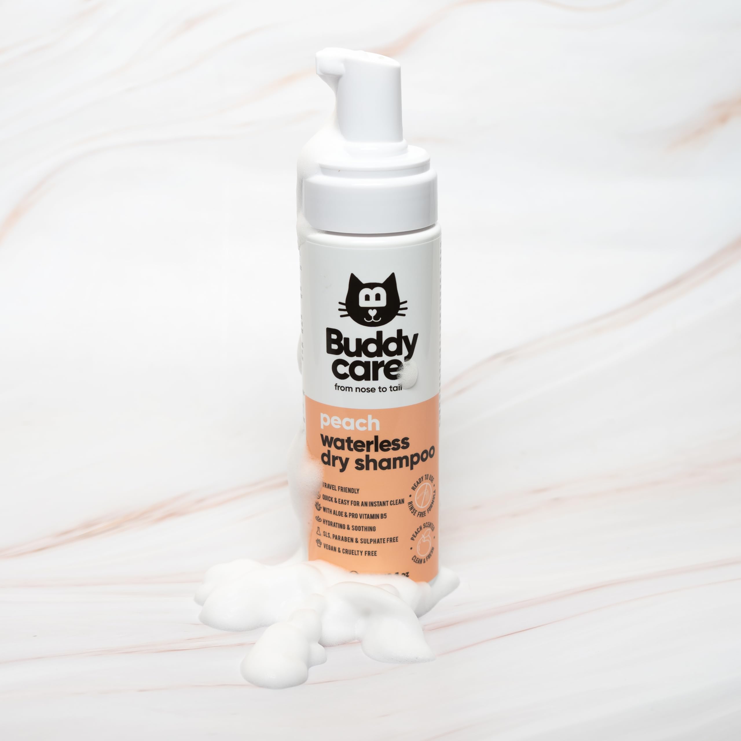 Shampooing Sec sans Rinçage pour Chat à la Pêche par Buddycare | Shampooing Nettoyant en Profondeur pour Chats | Parfum Frais | avec Aloe Vera et Pro-Vitamine B5 (200ml)