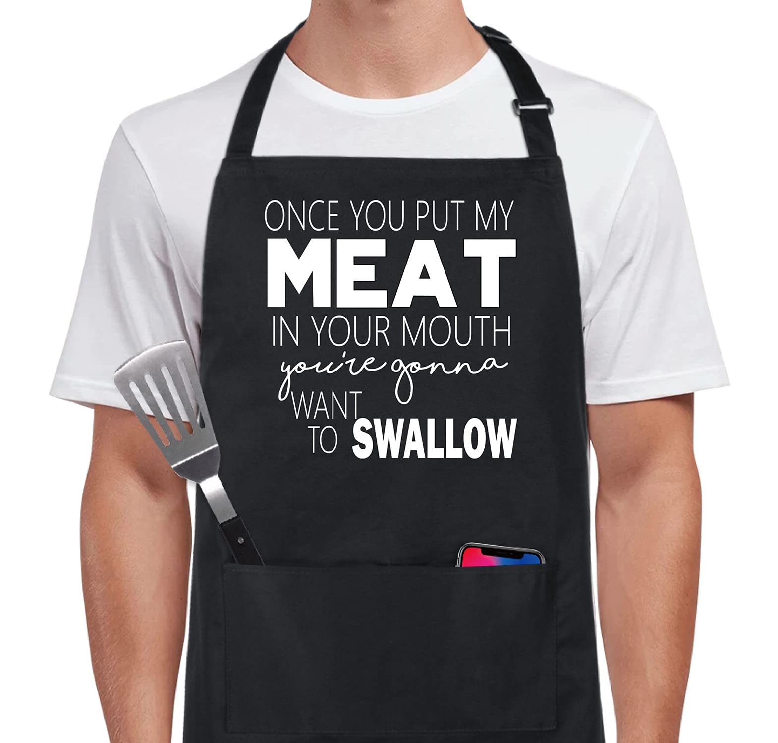 Xornis 100% Cotton Funny Apron Once You Put My Meat in Your Mouth BBQ Grill Aprons with 2 Pockets Fathers Day Gift from Daughter Bib Aprons for Men Dad Grandpa Wife Friends