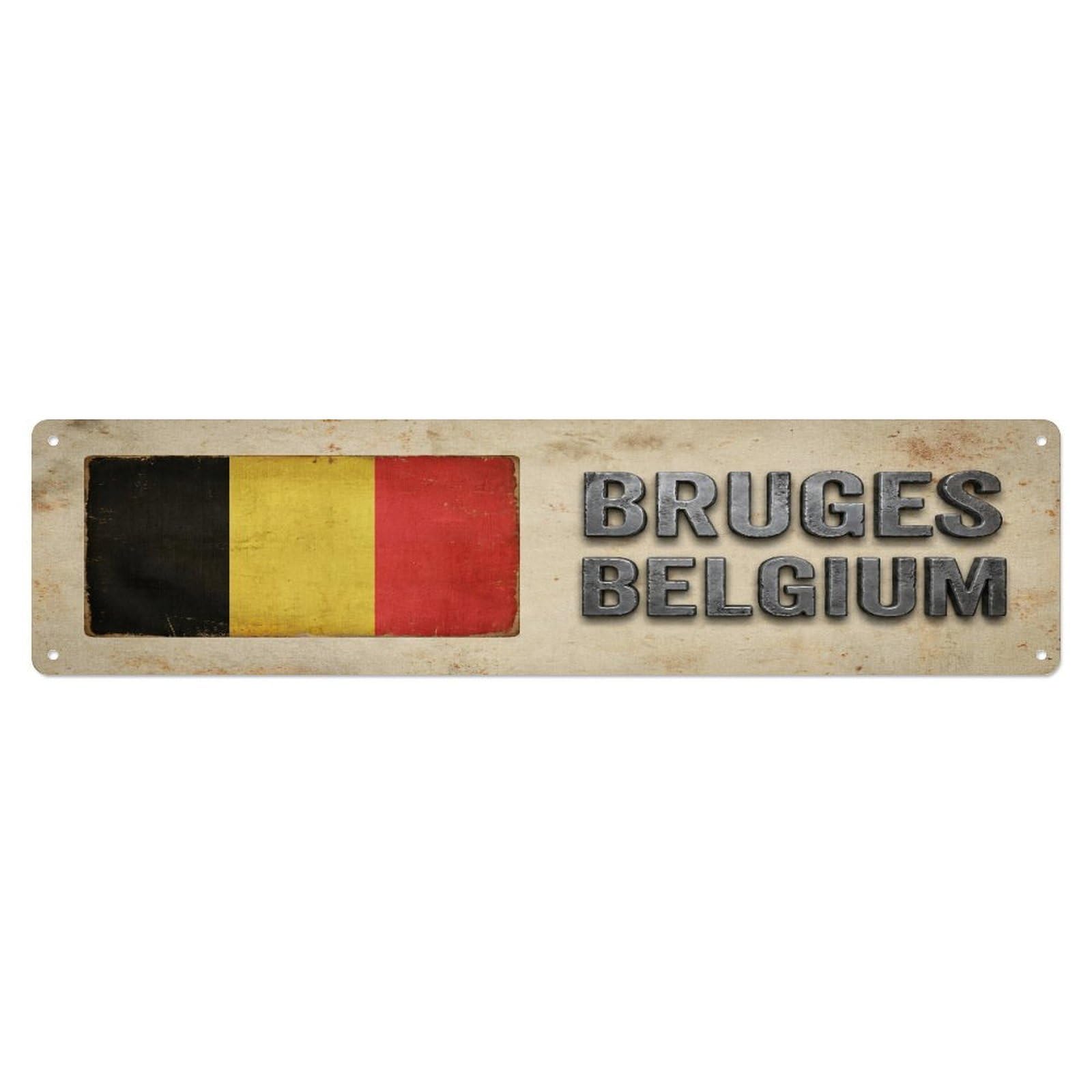 Metal Tin Sign Vintage Bruges Belgium Flag Decor Rustic Travel