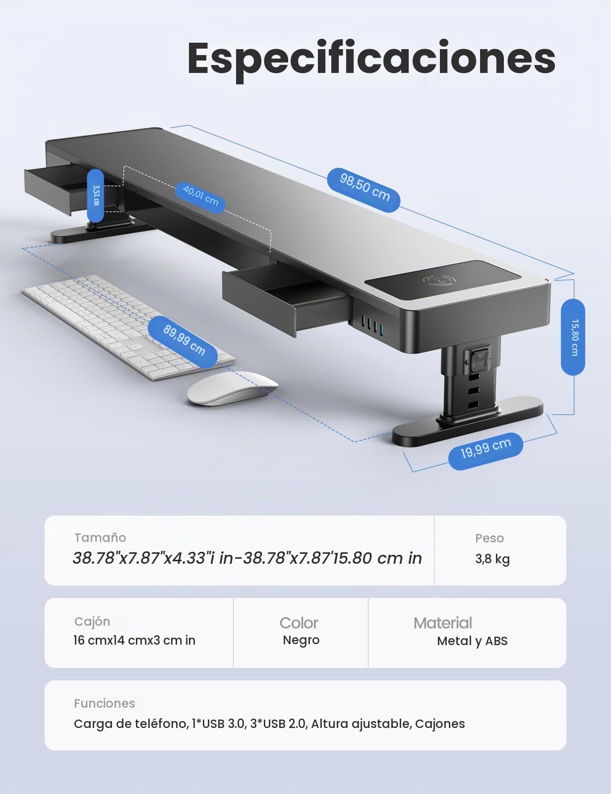 Soporte doble para monitor con 4 alturas ajustables, almohadilla de carga automática para teléfono, 4 puertos USB y elevador de computadora con cajones de almacenamiento