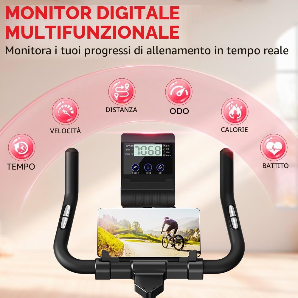 Cyclette stazionaria, Spin Bike Attrezzature da palestra domestica, sedile e manubrio regolabili, monitor LCD e supporto per tablet, resistenza da 0 a 100%, allenamento cardio