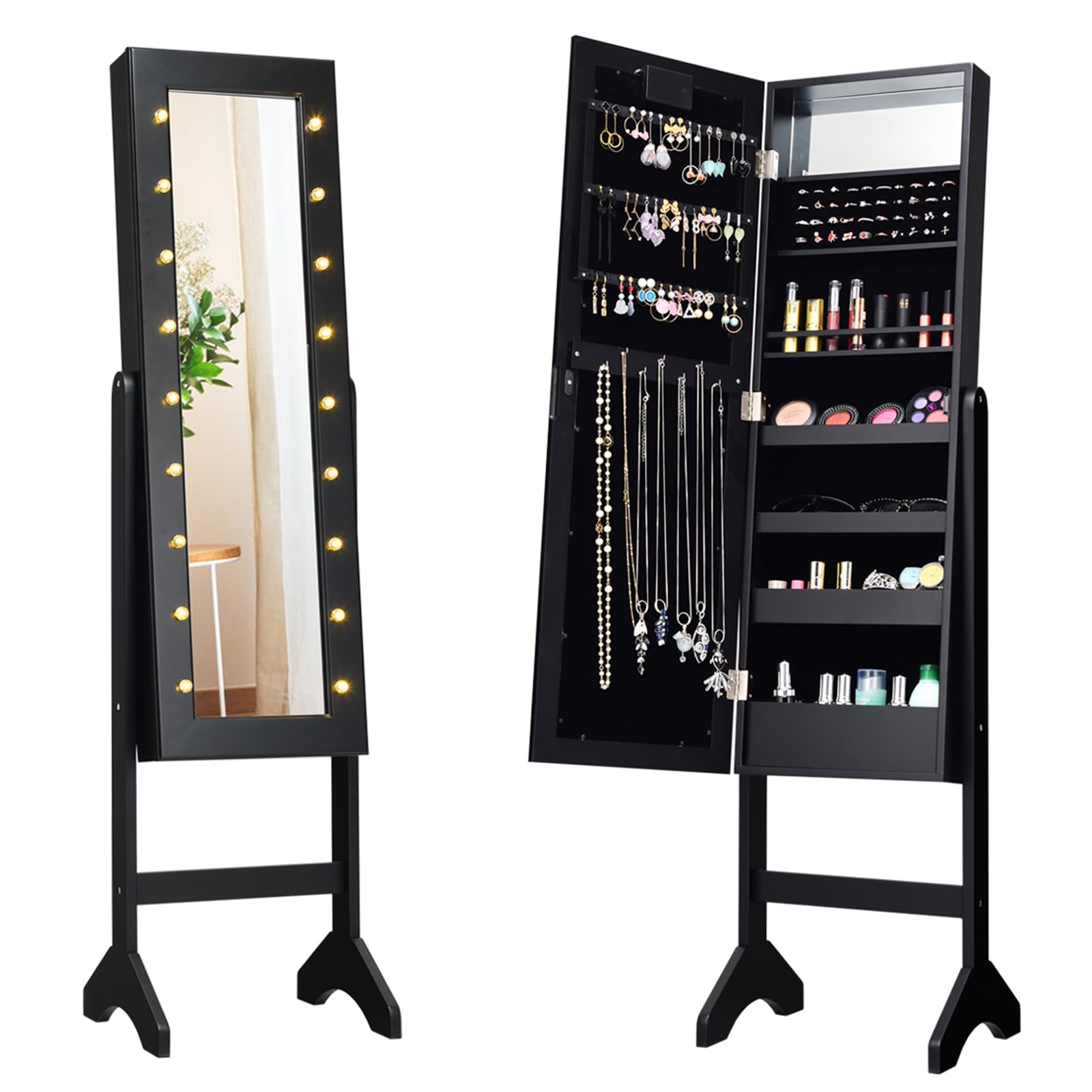 COSTWAY Portagioie Armadietto Specchiera con 18 Luci LED, Specchio a Figura Intera, Organizer per Gioielli Moderno Elegante, 145x35x31,5cm (Nero)