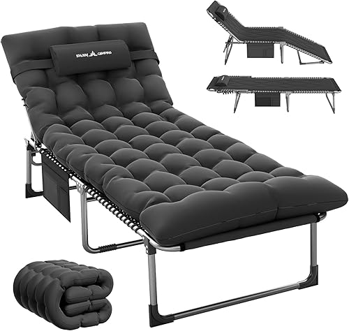 Miniatura 1 de Catre de camping plegable acolchado para adultos con colchón de doble capa, ultra cómodo, tumbona portátil de 5 posiciones para exteriores e