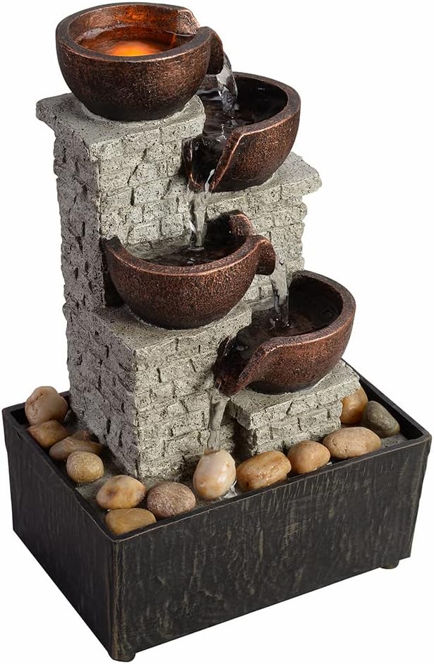 Teamson Garten Brunnen 4-stufig - LED Beleuchtung, Verstellbarer Wasserfluss