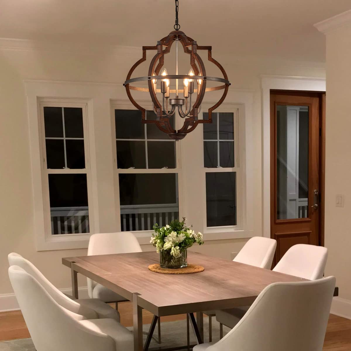 23'' 6-Light Wood Farmhouse Chandelier for Dining Room Vintage Rustic Oak Brown Pendant Light Fixtures Globe Hanging Ceiling Lighting for Hallway Entryway Foyer Kitchen Living Room Bedroom - Additional View