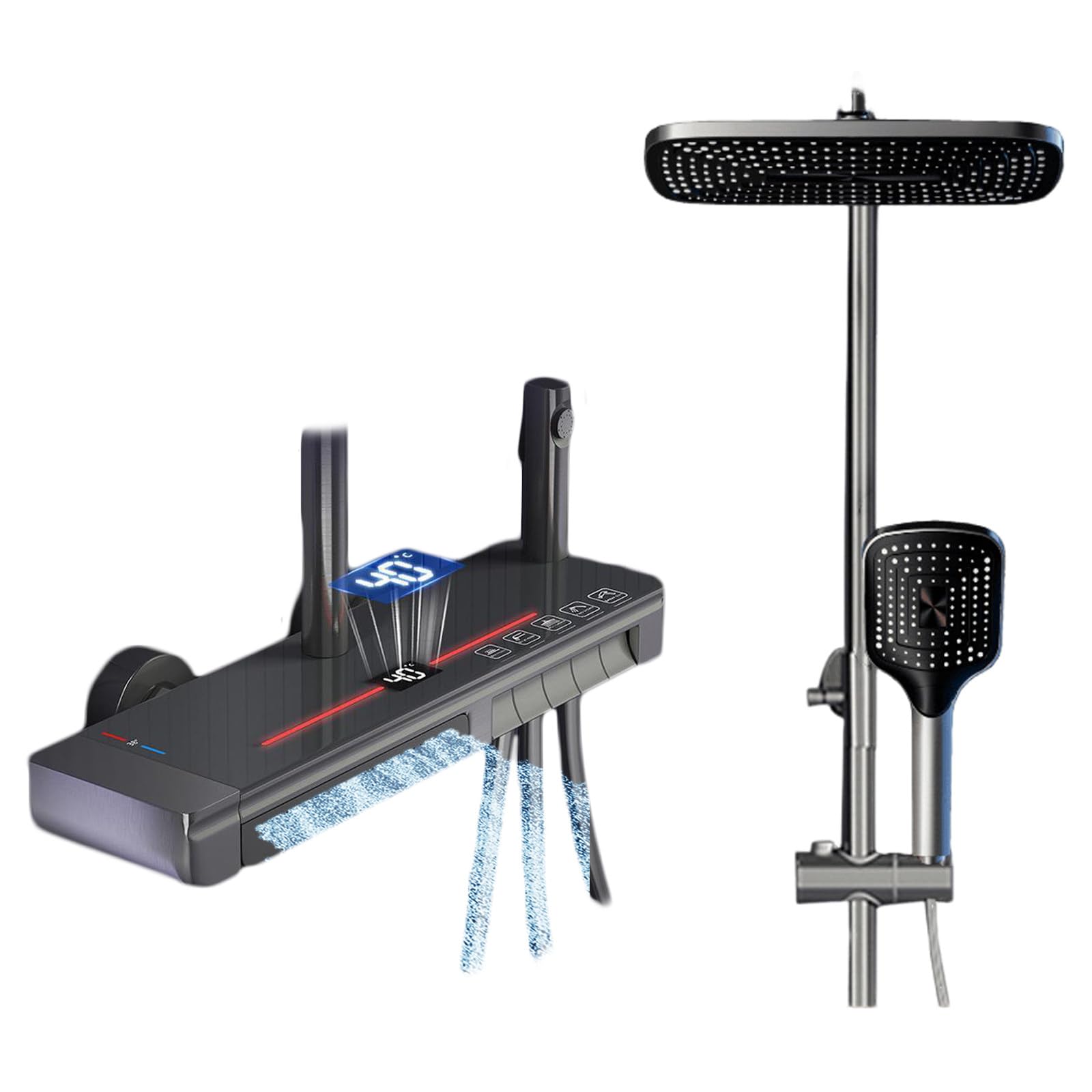 Système de douche complet avec écran digital et mitigeur cascade hydrothérapie 5 jets