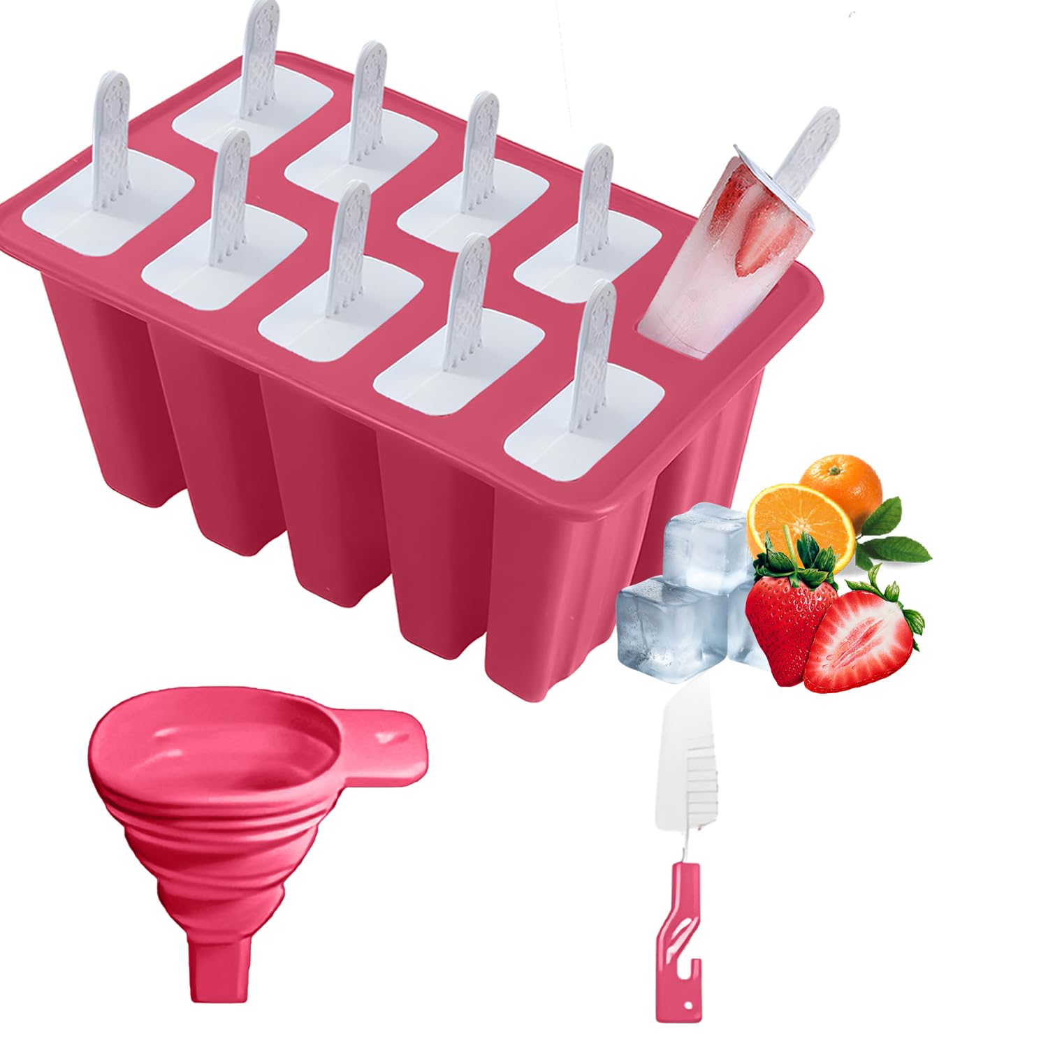 Silicone Popsicle Molds 10 Pcs Ice Pop Maker Molds with 10 Reusable Sticks, Cleaning Brush and Funnel - Homemade Easy-Release Reusable Popsicle Moulds Shapes (Red)