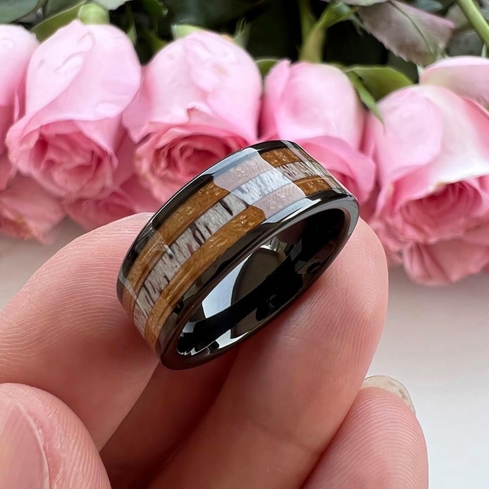 TUTISS 8mm Silver Black Tungsten Rings for Men Women Wedding Bands Whisky Barrel Wood Deer Antler Inlay Flat Polished Shiny Comfort Fit