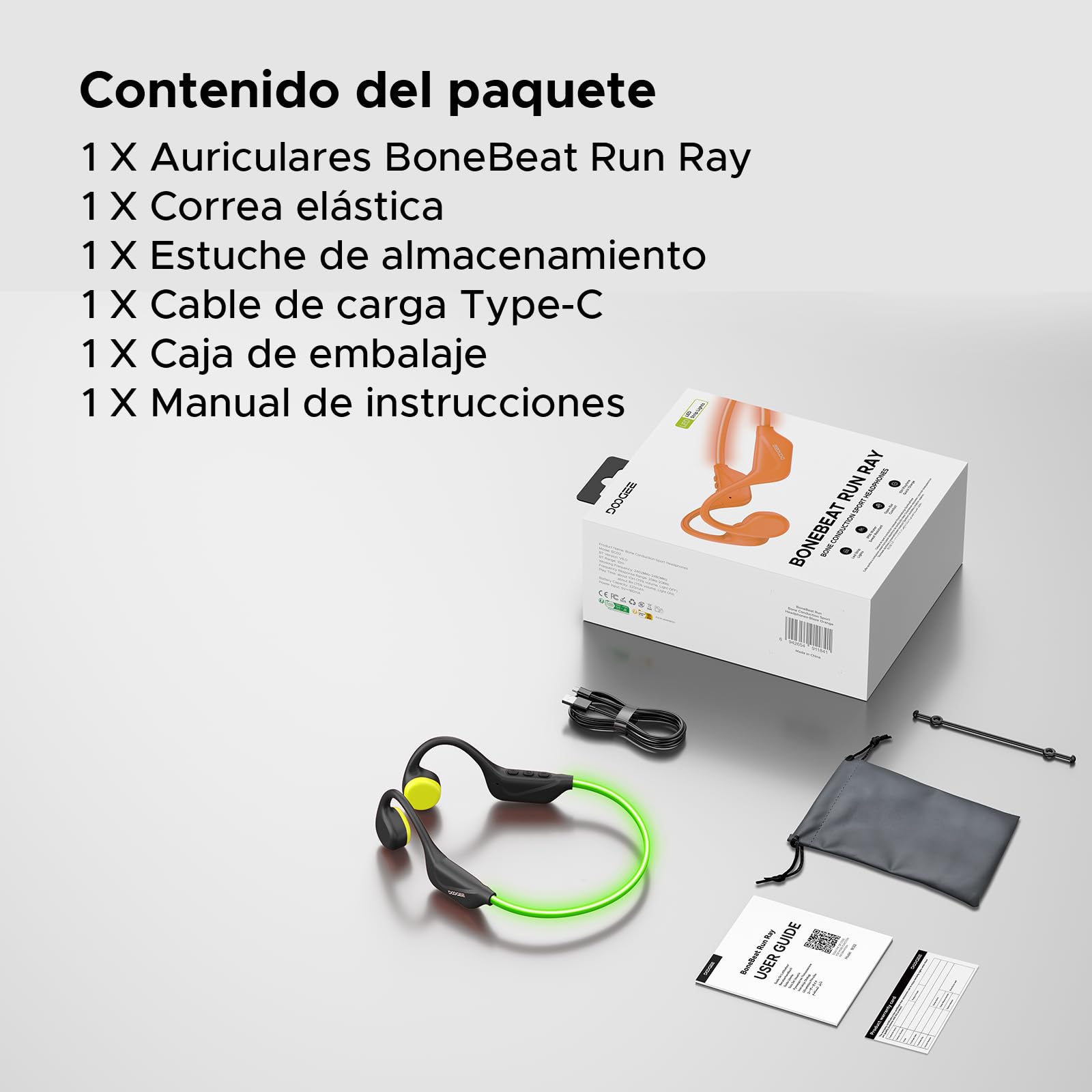BoneBeatRunRay Auriculares Conduccion Auriculares Deportivos Inalámbricos Open-Ear con Luz LED Seguridad Auriculares Impermeables IP66 10h Autonomía Carga Rápida para Correr Gimnasio-Negro